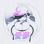  anthro bear big_breasts blush breasts cleavage cleavage_spill clothed clothing coat eyewear fangs female hair hat hood hoodie huge_breasts japanese_text kanji luna_paws mammal moon panda simple_background slightly_chubby slit_pupils smutbunny text 