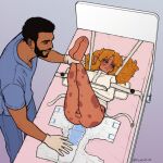1:1 absurd_res bed blush bodily_fluids clothing diaper diaper_change duo embarrassed floofnfluff furniture genital_fluids genitals gloves gynomorph gynomorph/male handwear hi_res hospital_bed human humanoid intersex intersex/male leaking_precum magister_jezza male mammal nurse open_diaper penis precum raised_leg restraints straitjacket straps