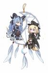  2girls animal_ears arknights artist_request bang_dream! bang_dream!_it's_mygo!!!!! black_dress black_hat black_pantyhose black_ribbon blonde_hair blue_hair chibi chibi_only chinese_commentary commentary_request commission dog_ears dog_girl dog_tail dreamcatcher dress hair_ribbon hat highres horns long_hair medium_hair misumi_uika misumi_uika_(caged_singer) multiple_girls pantyhose purple_eyes ribbon second-party_source sidelocks simple_background tail togawa_sakiko togawa_sakiko_(master_of_melodia) white_background yellow_eyes 