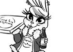  2017 anthro black_and_white bottle clothed clothing disney ear_piercing english_text eyewear facial_piercing fan_character female food glasses inkyfrog jacket lagomorph lip_piercing mammal monochrome piercing pizza pizza_box rabbit simple_background smile solo text white_background zootopia 