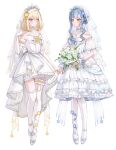  2girls absurdres artist_request bang_dream! bang_dream!_it's_mygo!!!!! blonde_hair blue_hair blush bouquet bridal_veil chinese_commentary closed_mouth commentary_request commission detached_sleeves dress elbow_gloves flower full_body garter_straps gloves hair_between_eyes hand_up highres holding holding_bouquet holding_hands long_hair medium_hair misumi_uika multiple_girls pantyhose purple_eyes second-party_source shoes short_hair_with_long_locks sidelocks simple_background sleeveless sleeveless_dress thigh_strap thighhighs togawa_sakiko veil wedding_dress white_background white_dress white_flower white_gloves white_pantyhose white_shoes white_thighhighs white_wrist_cuffs wife_and_wife wrist_cuffs yellow_eyes yuri 