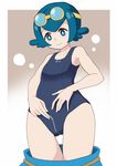  blue_eyes blue_hair breasts crotch_zipper goggles goggles_on_head looking_down pokemon pokemon_(anime) pokemon_sm_(anime) sasanoha_toro school_swimsuit short_hair smile solo suiren_(pokemon) swimsuit thigh_gap zipper 