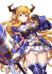  &gt;:) armor armored_boots armored_dress bangs black_gloves blonde_hair blue_eyes blue_footwear boots breasts cleavage closed_mouth commentary_request cowboy_shot cross-laced_clothes elbow_gloves faulds frills gloves granblue_fantasy highres holding holding_weapon horn_ornament horns long_hair looking_at_viewer medium_breasts microskirt mikurou_(nayuta) panties pauldrons pleated_skirt pointy_ears polearm rastina simple_background skirt smile solo thigh_boots thighhighs underbust underwear v-shaped_eyebrows very_long_hair weapon white_background white_panties white_skirt 