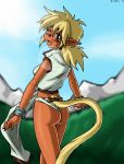  2013 animal_humanoid blonde_hair breasts butt clothed clothing cute_fangs day ear_tuft fam_(ruin_explorers) female fur green_eyes hair hi_res humanoid looking_at_viewer looking_back mammal open_mouth outside rodent ruin_explorers_(anime) solo sseanboy23 standing tan_fur tuft weresquirrel 