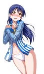  bangs blue_hair blush collared_shirt commentary_request employee_uniform flying_teardrops highres holding_to_chest lawson long_hair looking_at_viewer love_live! love_live!_school_idol_project navel no_pants nose_blush open_clothes open_mouth open_shirt panties shirt simple_background solo sonoda_umi striped striped_shirt tears underwear uniform vertical-striped_shirt vertical_stripes white_background white_panties yellow_eyes yopparai_oni 