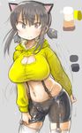  1girl animal_ears blush breasts cameltoe cat_cutout cat_ears cleavage cleavage_cutout contrapposto cowboy_shot grey_hair hade_na_kangofu highres hood hoodie large_breasts looking_at_viewer midriff navel short_twintails sidelocks solo suspenders thighhighs twintails 