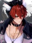  1boy afterimage animal_ear_fluff animal_ears averting_eyes black_hair black_jacket blush closed_mouth collar collarbone commentary crossed_bangs dog_boy dog_ears hair_between_eyes highres jacket jewelry komano_manato male_focus min_(kmn_aria) motion_lines multicolored_hair muscular muscular_male necklace pectorals portrait red_eyes red_hair scar scar_on_chest shirt short_hair simple_background solo spiked_jacket sweatdrop twitter_username white_background white_shirt zenless_zone_zero 