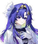  1girl absurdres black_hairband blonde_hair blue_eyes blue_hair closed_mouth colored_inner_hair commentary dress english_commentary gloves gradient_hair hair_intakes hair_ornament hairband hand_on_own_chest hand_up highres jeck_zero long_hair multicolored_hair portrait reverse:1999 smile solo star_(symbol) star_hair_ornament voyager_(reverse:1999) white_background white_dress white_gloves 