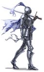 1other absurdres armor blue_cape breastplate cape check_copyright commentary copyright_request faulds full_armor full_body helmet highres holding holding_sword holding_weapon original over_shoulder shiro_wa_(shiroshironix) shoulder_armor simple_background sword sword_over_shoulder walking weapon weapon_over_shoulder white_background 