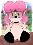 2025 animal_crossing anthro big_breasts black_eyes blush bra breasts canid canine canis cleavage clothed clothing digital_media_(artwork) domestic_dog eyewear female glasses hair harriet_(animal_crossing) heart_symbol hi_res huge_breasts looking_at_viewer mammal nintendo pink_body pink_hair poodle smile solo tamalito underwear