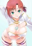  arm_behind_head boudica_(fate/grand_order) breasts cleavage condom covered_nipples cum cum_on_body cum_on_breasts cum_on_upper_body deep_skin facial fate/grand_order fate_(series) grabbing_own_breast green_eyes large_breasts leaning_forward looking_at_viewer navel o-ring o-ring_bottom red_hair shinama short_hair shrug_(clothing) simple_background skindentation smile solo thighhighs thighs used_condom 