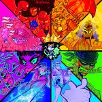  2girls 6+boys absurdres afro antlers artist_name axe bandana blood blood_on_face blue_fire blunt_bangs bottle brook_(one_piece) chest_tattoo color_wheel_challenge commentary cotton_candy cross crown extra_arms fire food franky_(one_piece) glint halo hat heneryque highres holding holding_axe holding_bottle holding_cotton_candy holding_food horns ifrit_jambe leg_hair long_nose middle_finger monkey_d._luffy multiple_boys multiple_drawing_challenge multiple_girls nami_(one_piece) nico_robin one_eye_closed one_piece prototype_design reindeer_antlers roronoa_zoro sanji_(one_piece) sideburns skeleton sleeping squeans straw_hat_pirates tattoo thumbs_up tony_tony_chopper usopp weapon_in_mouth zzz 