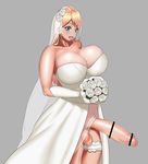  1girl areola bar_censor bare_shoulders blonde_hair blue_eyes bouquet breasts burakku-ra censored cleavage earrings erection flower futanari grey_background happy huge_breasts large_penis long_hair open_mouth original penis piercing simple_background skirt smile solo standing testicles veil wedding_dress white_flowers 