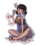  1girl black_hair blush cape commentary crop_top english_commentary highres hood hooded_cape indian_style letter ltenie medium_hair one_piece open_mouth sandals simple_background sitting smile solo tritoma_(one_piece) v-shaped_eyebrows watermark white_background 