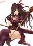  :3 absurdres breasts brown_hair choker cleavage feathers gloves granblue_fantasy granblue_fantasy_(style) green_eyes hair_feathers hair_ribbon highres ichinose_shiki idolmaster idolmaster_cinderella_girls long_hair medium_breasts ribbon skirt solo staff sword thighhighs vial weapon yatsuka_(846) 