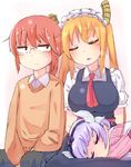  cuddling glasses hairband horns kanna_kamui kobayashi-san_chi_no_maidragon kobayashi_(maidragon) lap_pillow looking_at_another maid maid_headdress multiple_girls necktie okota_mikan orange_hair ponytail red_hair silver_hair sitting sleeping sweater tooru_(maidragon) twintails 