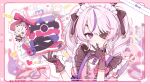  1girl :o black_gloves blush border character_doll covering_own_mouth doll english_commentary eyepatch gloves hand_over_own_mouth heart highres looking_at_viewer maid maid_headdress maria_marionette maria_marionette_(maid) multicolored_hair nido_(oobo1245) nijisanji nijisanji_en pink_border pink_eyes pink_hair purple_hair see-through_clothes see-through_gloves solo streaked_hair twintails virtual_youtuber 
