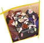  beer_mug black_hair blonde_hair border collarbone commentary_request condensation contemporary cup eating food food_on_face granblue_fantasy hood hoodie ice indoors jewelry lancelot_(granblue_fantasy) laughing long_hair male_focus mug multiple_boys necklace okonomiyaki pectorals percival_(granblue_fantasy) ponytail red_hair restaurant siegfried_(granblue_fantasy) sitting siwomi skin_tight soy_sauce steam turtleneck vane_(granblue_fantasy) yellow_border 