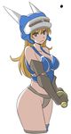  armlet armor bare_shoulders belt blue_armor blush breasts brown_eyes brown_gloves brown_hair daisy_(dq) dragon_quest dragon_quest_yuusha_abel_densetsu gloves helmet horned_helmet large_breasts long_hair looking_at_viewer simple_background smile40_(ogi) solo 