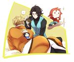  ass black_hair blonde_hair blue_eyes character_doll granblue_fantasy hood hoodie lancelot_(granblue_fantasy) lying merchandise multiple_boys on_stomach percival_(granblue_fantasy) popsicle_stick red_eyes siegfried_(granblue_fantasy) siwomi spoken_sweatdrop sweatdrop undercut vane_(granblue_fantasy) 