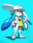  1girl 7tungsten autobomb_(splatoon) black_shorts blue_background blue_hair closed_mouth coat commentary_request earrings full_body goggles hard_hat helmet highres holding holding_weapon inkling inkling_girl inkling_player_character jewelry lab_coat long_hair long_sleeves looking_at_viewer open_clothes open_coat order_brush_(splatoon) pointy_ears shirt shoes shorts simple_background solo splatoon_(series) splatoon_3 standing tentacle_hair very_long_hair weapon white_coat white_helmet white_shoes yellow_eyes yellow_shirt 