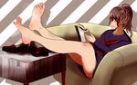  1girl barefoot book brown_eyes brown_hair couch feet legs_crossed loafers long_hair lumina_(artist) ponytail reading school_uniform serafuku shoes_removed sitting soles steam table toes 