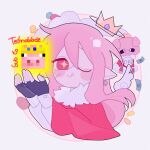  1boy androgynous animification banknote cape chinese_commentary cloud commentary_request crown deformed detached_wings dollar_bill dream_smp earrings english_text fang fur-trimmed_cape fur_trim gold_crown hair_between_eyes halo highres humanization jewelry long_hair long_sleeves looking_at_viewer male_focus minecraft minecraft_youtube money one_eye_closed pig pink_hair pointed_crown pointy_ears potato red_cape red_eyes scar scar_on_face shirt simple_background single_earring smile solo subscribe_to_technoblade_(phrase) technoblade white_background white_shirt wings yan8644507 