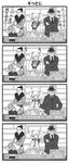  1girl 2boys 4koma animal_ears arms_behind_head bouquet cat_ears coat comic crossed_arms fake_animal_ears flower formal greyscale hair_bun hat highres lilia_baranovskaya monochrome multiple_boys necktie sitting spoken_ellipsis spread_legs suit takoda_(piyoke78) translation_request yakov_feltsman yuri!!!_on_ice yuri_plisetsky 