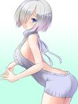  alternate_costume backless_outfit bare_arms bare_back bare_shoulders bent_over blue_eyes breasts closed_mouth cowboy_shot from_side gradient gradient_background gradient_hair grey_ribbon grey_sweater hair_ornament hair_over_one_eye hairclip hamakaze_(kantai_collection) kantai_collection looking_at_viewer looking_to_the_side maki_(seventh_heaven_maxion) medium_breasts meme_attire multicolored_hair naked_sweater no_bra own_hands_together pink_hair pink_lips ribbed_sweater shiny shiny_skin short_hair sideboob silver_hair sleeveless solo standing sweater turtleneck virgin_killer_sweater 
