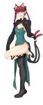  alternate_costume animal_ears asymmetrical_legwear bow braid cat_ears china_dress chinese_clothes dress extra_ears full_body hair_bow highres kaenbyou_rin long_sleeves looking_at_viewer multiple_tails nicutoka pointy_ears red_eyes red_hair solo standing standing_on_one_leg tail thighhighs touhou transparent_background two_tails 