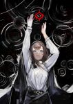  1girl absurdres arknights belt black_background black_hair black_hairband black_ribbon brown_hair circle closed_mouth coat coat_on_shoulders diamond_(shape) hair_ornament hairband hands_up headband highres karaage-senpai long_hair long_sleeves looking_up medium_hair priestess_(arknights) reaching ribbon shirt simple_background skirt smile solo sweater symbol-shaped_pupils turtleneck white_coat white_sweater wrinkled_fabric 