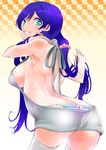  ass ass_cutout bare_back breasts cowboy_shot grin large_breasts looking_at_viewer looking_back love_live! love_live!_school_idol_project meme_attire panties shinama sideboob smile solo striped striped_panties toujou_nozomi underwear virgin_killer_sweater 