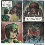  1girl absurdres artist_name beret blood blue_eyes blue_hat bug commentary english_commentary fangs green_blood hat highres jill_valentine oversized_bug oversized_spider resident_evil resident_evil_1 rhiannon_kagoe shoulder_pads silk speech_bubble spider spider_web 