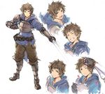  adjusting_hair armor belt breastplate brown_eyes closed_eyes expressions fighter_(granblue_fantasy) gauntlets gran_(granblue_fantasy) granblue_fantasy hood hoodie male_focus natsuno_(natsuno_a1) percival_(granblue_fantasy) petals simple_background smile sword weapon white_background 