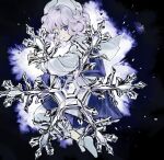  1girl absurdres black_background blue_vest commentary_request from_side full_body highres kaigen_1025 letty_whiterock looking_at_viewer medium_hair purple_eyes purple_hair shirt skirt snowflakes solo touhou triangular_headpiece vest white_shirt 