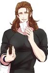  bag brown_eyes brown_hair granblue_fantasy half-closed_eyes holding long_hair looking_at_viewer male_focus paper siegfried_(granblue_fantasy) simple_background siwomi sleeves_pushed_up smile solo wallet white_background 