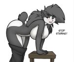all_fours anthro arm_tuft ass_up bangs big_breasts black_body black_clothing black_eyes black_fur black_hair black_nose black_text blush blush_lines bottomless breasts butt claws clothed clothing curvy_figure dialogue domestic_cat ear_tuft ears_up embarrassed eyebrow_through_hair eyebrows facial_tuft felid feline felis female fluffy fluffy_tail fur furniture hair hands_on_chair hanging_breasts hexteknik hourglass_figure huge_breasts legs_together long_hair looking_at_viewer mammal messy_hair multicolored_body multicolored_face multicolored_fur nails noki_(hexteknik) nude nude_anthro nude_female one_eye_closed open_mouth pink_tongue pointy_ears presenting presenting_hindquarters short_tail shoulder_tuft shy simple_background solo stool tail tail_tuft text tongue topless translucent translucent_hair triangle_nose tuft undressing undressing_self white_background white_body white_breasts white_fur wide_hips