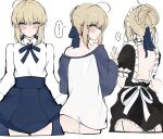  1girl absurdres ahoge alternate_costume apron artoria_pendragon_(fate) blonde_hair blush braid braided_bun commentary_request cosplay dress emiya_shirou emiya_shirou_(cosplay) enmaided fate/stay_night fate_(series) green_eyes hair_bun hayato_hoshi604 highres maid maid_apron maid_headdress saber_(fate) 
