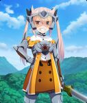  1girl arm_armor black_bow blue_sky blush_stickers bow brown_dress brown_eyes buttons cloud day dot_nose double-breasted dress game_cg goggles grin hair_bow hair_horns hand_on_own_hip holding holding_sword holding_weapon leg_armor long_hair looking_at_viewer mashiko_kaoru mountain nature official_art orange-tinted_eyewear outdoors pink_hair shirt sky smile solo sword third-party_source tinted_eyewear toji_no_miko toji_no_miko:_kizamishi_issen_no_tomoshibi twintails weapon white_shirt 
