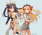  alle_gro alternate_costume backless_dress backless_outfit bare_shoulders black_hair black_ribbon blonde_hair blush dress dual_persona earrings ereshkigal_(fate/grand_order) fate/grand_order fate_(series) hair_ribbon hoop_earrings ishtar_(fate/grand_order) jewelry long_hair long_legs meme_attire multiple_girls red_eyes red_ribbon ribbon simple_background single_thighhigh sweater sweater_dress teeth thighhighs tiara turtleneck turtleneck_sweater twintails virgin_killer_sweater 