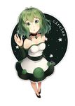  2016 :o absurdres alternate_costume antenna_hair arm_at_side arm_warmers artist_name bare_shoulders black_footwear blush breasts collarbone colored_eyelashes dress emerald foreshortening frilled_dress frills full_body gem green_eyes green_hair gumi highres looking_at_viewer looking_up medium_breasts moeno_himeka no_legwear no_socks open_mouth outline perspective sanpaku shoes short_hair solo standing star strapless strapless_dress tareme transparent_background vocaloid waving white_dress 