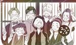  &gt;_&lt; 4boys :3 bow bowtie closed_eyes double_v fan glasses grin hair_over_one_eye heart-shaped_mouth hood hoodie jacket japanese_clothes katsuki_hiroko katsuki_mari katsuki_toshiya katsuki_yuuri monochrome multiple_boys multiple_girls okukawa_minako open_mouth paper_fan smile takoda_(piyoke78) track_jacket uchiwa v viktor_nikiforov yuri!!!_on_ice yuri_plisetsky 