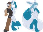 2014 anthro before_and_after blue_hair blue_sclera bottomwear breasts brown_hair clenched_teeth clothing digital_media_(artwork) eeveelution featureless_breasts featureless_crotch female footwear gender_transformation generation_4_pokemon glaceon gloves_(marking) goo_transformation hair human human_to_anthro kaitofletcher leg_markings looking_down male mammal markings maxine_(rismic) mtf_transformation nintendo on_one_leg pants pokemon pokemon_(species) shirt shoes simple_background socks_(marking) solo species_transformation standing tail teeth topwear transformation white_background