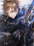  1boy armor belt black_armor black_belt black_bodysuit black_cape black_gloves black_hairband bodysuit brown_eyes brown_hair cape commentary_request gloves gran_(granblue_fantasy) granblue_fantasy hairband highres holding holding_sword holding_weapon jhm_xyz looking_at_viewer messy_hair relic_buster_(granblue_fantasy) short_hair shoulder_armor simple_background sword weapon 