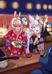  2girls ;d absurdres ahoge animal_ears bag black_kimono blush bow braid candy_apple character_mask colored_eyelashes commentary english_commentary fish floral_print floral_print_kimono food fox_ears fox_girl fox_tail fujikura_uruka gun h2osakana hair_bow hair_ornament hakushika_iori hat heart heart_hair_ornament highres holding holding_bag holding_food holding_gun holding_weapon japanese_clothes jiisokyun kimono lantern mask multiple_girls one_eye_closed open_mouth phase_connect phase_origins pink_hair pipkin_pippa print_kimono purple_eyes purple_hair rabbit_ears rabbit_girl rabbit_hair_ornament red_bow red_kimono rinkou_ashelia shisui_michiru smile star_(symbol) tail teeth tenma_maemi tongue upper_teeth_only utatane_nasa virtual_youtuber water weapon witch_hat 