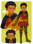  1boy :< artist_name batman_(series) belt_pouch black_cape black_hair boots cape cherrsyazz commentary damian_wayne dc_comics domino_mask eye_mask gloves green_boots green_eyes green_gloves highres knee_boots knee_pads lace-up_boots light_smile male_focus mask pouch robin_(dc) superhero_costume two-sided_cape two-sided_fabric 