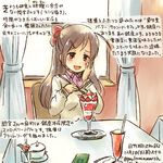  alternate_costume brown_eyes brown_hair commentary_request curtains dated food hair_ribbon hand_on_own_cheek holding holding_spoon kantai_collection kirisawa_juuzou long_hair long_sleeves mamiya_(kantai_collection) red_ribbon ribbon sitting solo spoon traditional_media translation_request twitter_username 