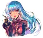  ;) bangs blunt_bangs blush breasts candy commentary_request food food_in_mouth gauntlets index_finger_raised kula_diamond lollipop long_hair long_sleeves looking_at_viewer medium_breasts one_eye_closed oro_(sumakaita) red_eyes smile solo the_king_of_fighters the_king_of_fighters_xiv upper_body 