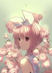  artist_name bare_shoulders blush eyebrows_visible_through_hair flower from_side green_background hair_ribbon light_smile looking_at_viewer looking_to_the_side number original parted_lips pink_flower pink_rose plant ribbon rose rosuuri short_hair simple_background sleeveless solo straight_hair tareme upper_body white_ribbon 