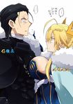  1boy 1girl agravain_(fate/grand_order) ahoge armor artoria_pendragon_(all) artoria_pendragon_(lancer) black_hair blue_cape braid breast_press breasts cape cleavage closed_mouth crown_braid eye_contact fate/grand_order fate_(series) fur_trim gameplay_mechanics green_eyes hair_slicked_back height_difference large_breasts looking_at_another looking_down nogi_(acclima) translation_request 